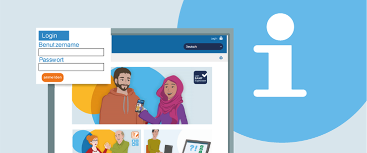 Illustration: Anmeldemaske, Startseite vhs-Lernportal und gro�es I