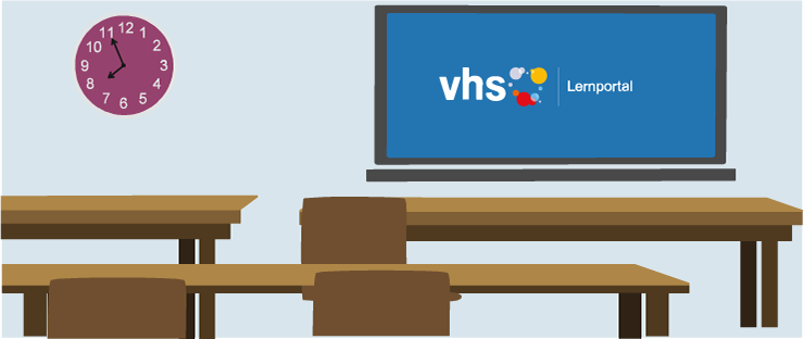 Illustration: Leerer Unterichtsraum mit Tischen, St�hlen und Uhr